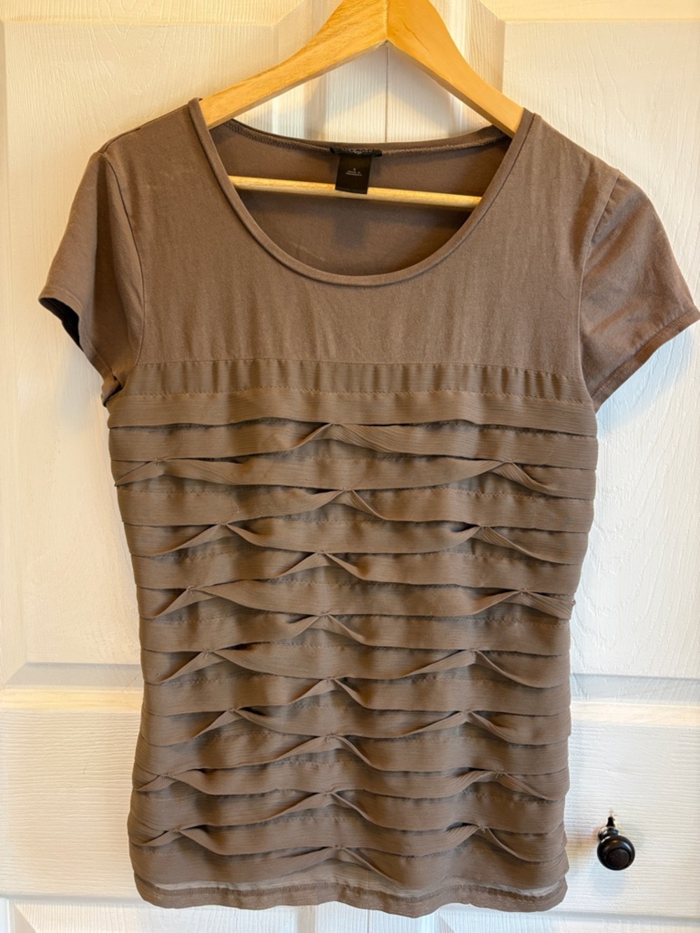 Ann Taylor Short Sleeve Ruffle Front Top - Taupe